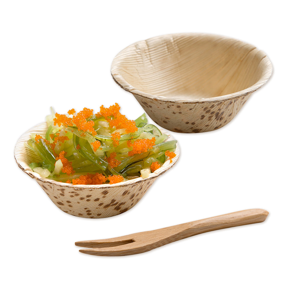 Bambuddha 100 2 oz Round Natural Bamboo Bowls and 100 Natural Bamboo 3.5" Mini Forks