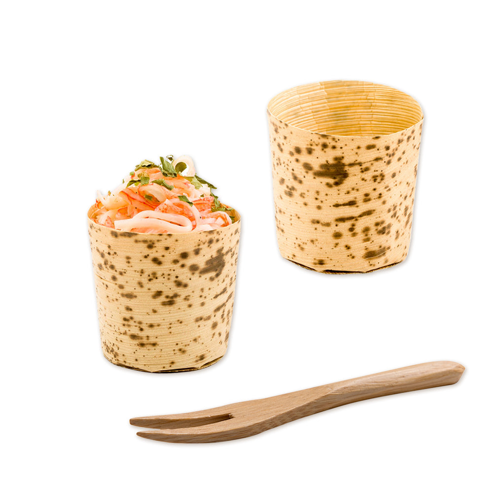 Bambuddha 200 2 oz Round Natural Bamboo Mini Cups and 200 Natural Bamboo 3.5" Mini Forks