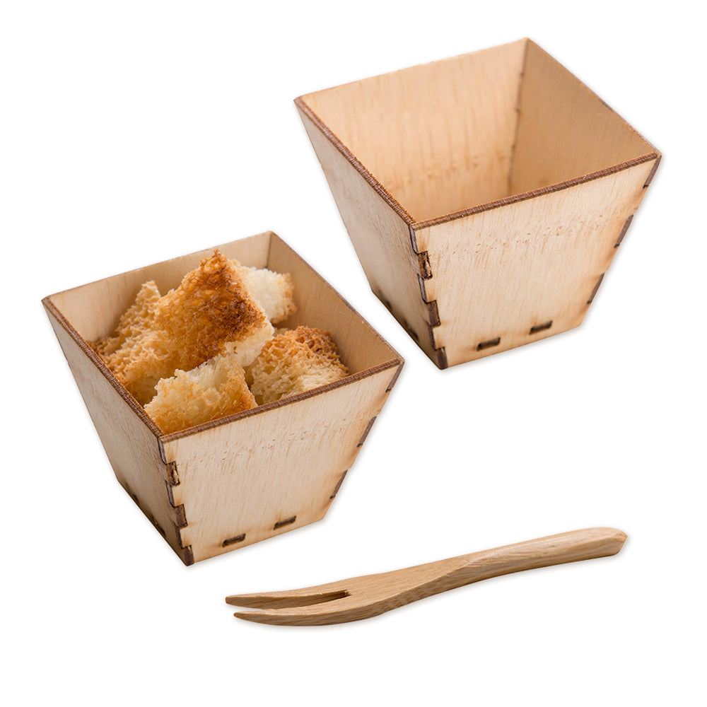 Bambuddha 100 2 oz Square Natural Bamboo Mini Kova Cups and 100 Natural Bamboo 3.5" Mini Forks