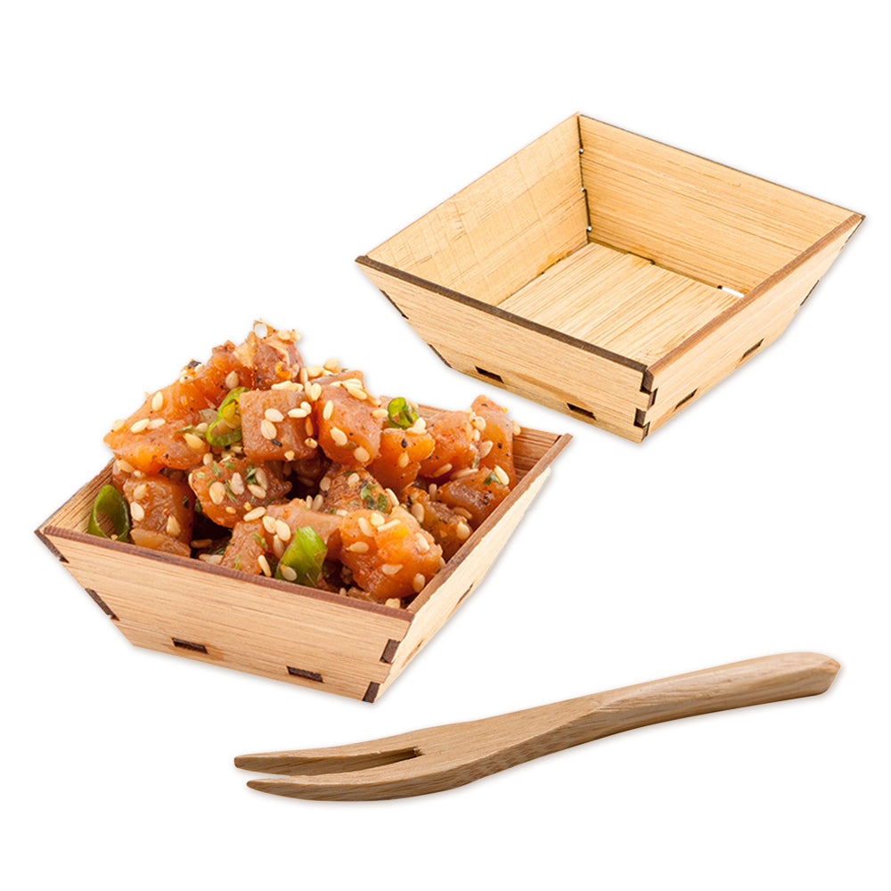 Bambuddha 100 1.5 oz Square Natural Bamboo Mini Kova Bowls and 100 Natural Bamboo 3.5" Mini Forks