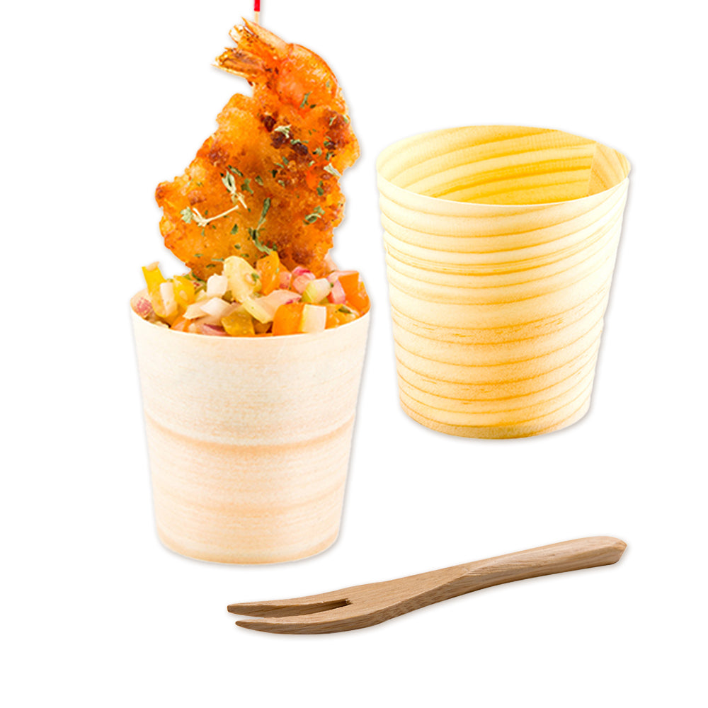 Bambuddha 200 3 oz Round Natural Shaved Pinewood Medium Cups and 200 Natural Bamboo 3.5" Mini Forks