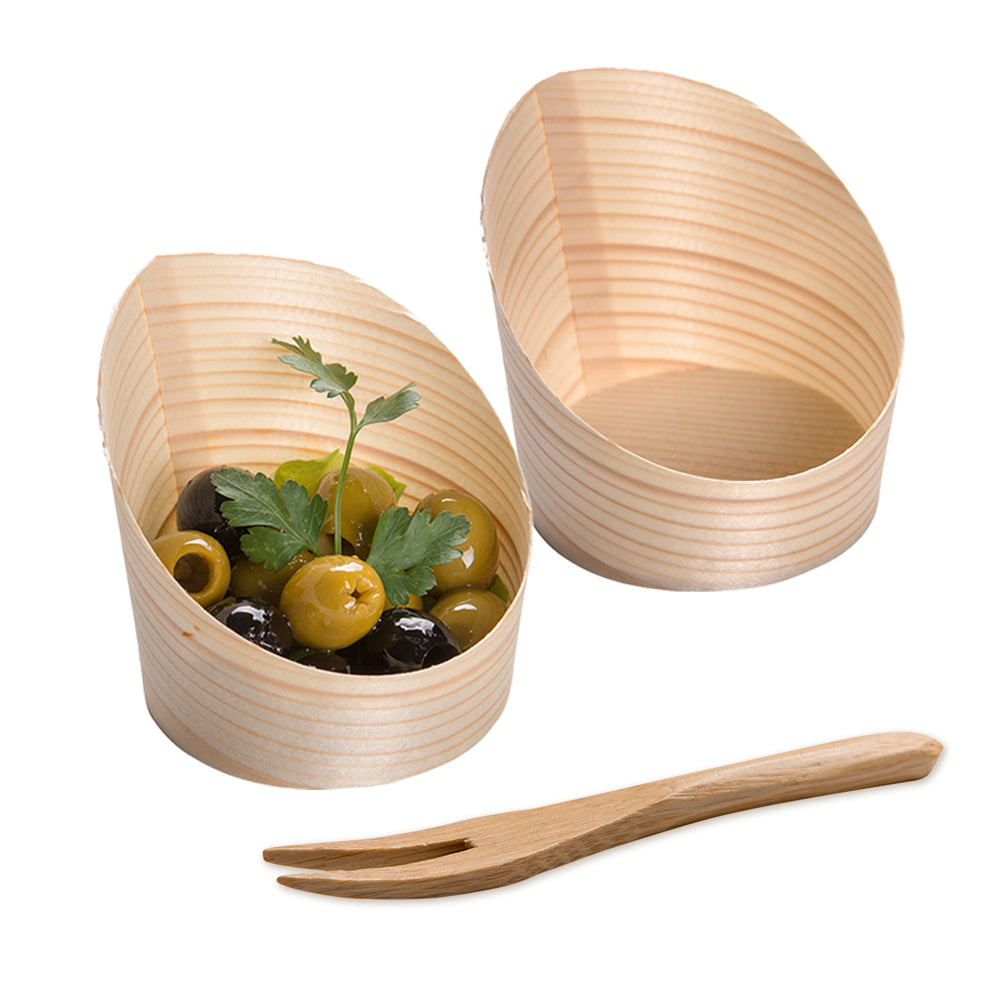 Bambuddha 100 4 oz Round Natural Wood Mini Incline Cups and 100 Natural Bamboo 3.5" Mini Forks
