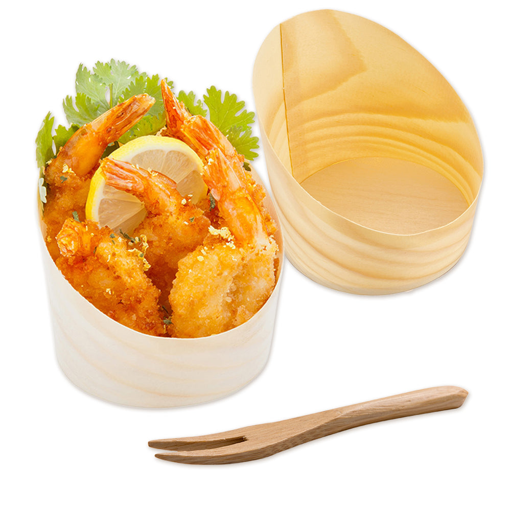 Bambuddha 100 7 oz Round Natural Wood Medium Incline Cups and 100 Natural Bamboo 3.5" Mini Forks