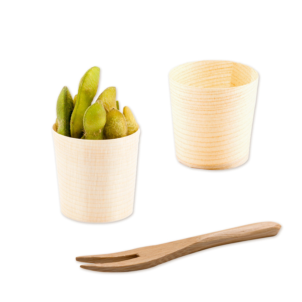 Bambuddha 200 1 oz Round Natural Shaved Pinewood Mini Cups and 200 Natural Bamboo 3.5" Mini Forks