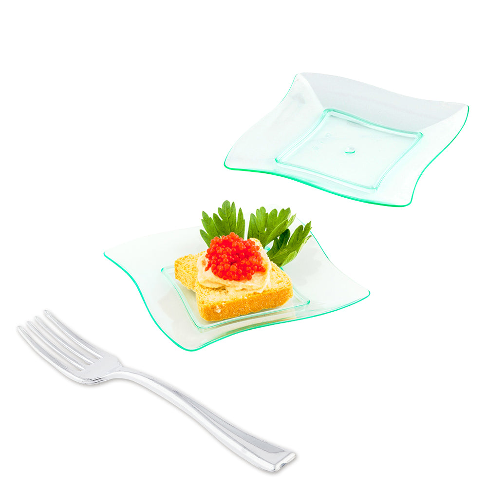 Mini Serve 100 Square Seagreen 3" Plastic Aqua Plates and 100 Silver Plastic 4" Mini Forks