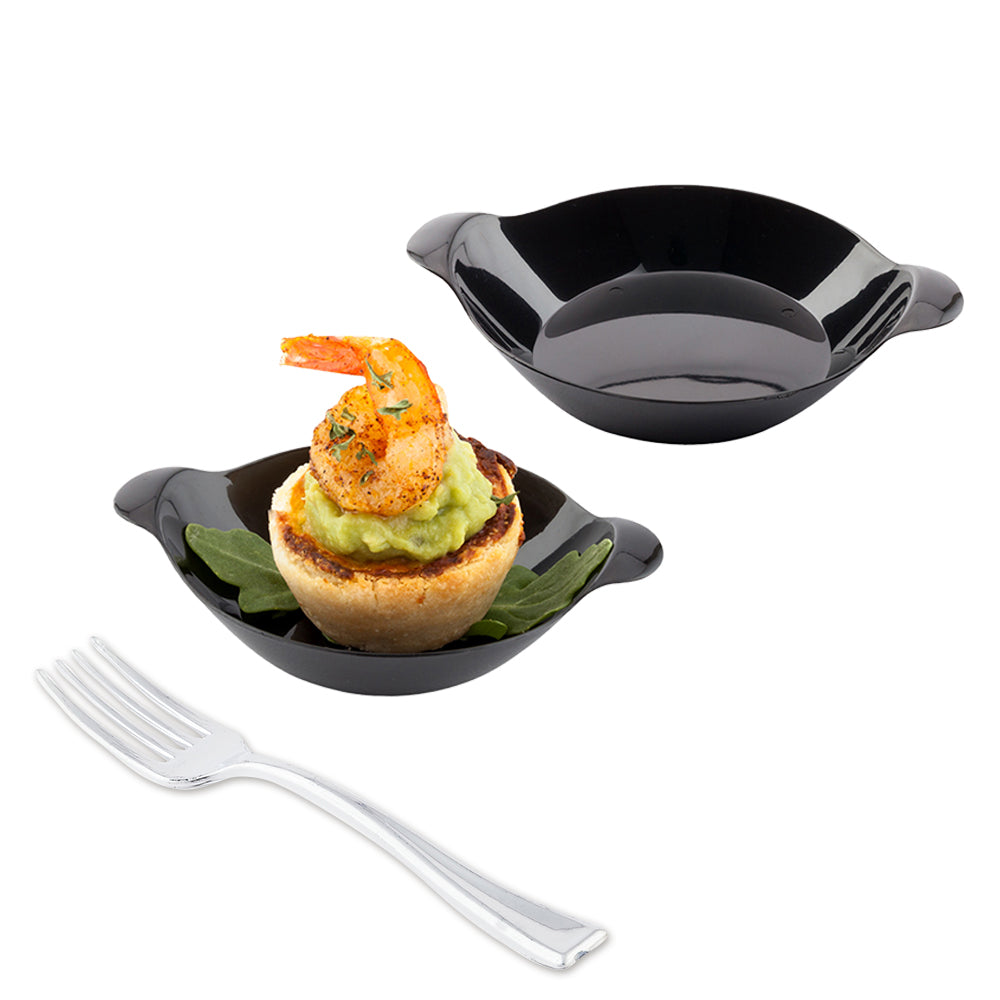 Mini Serve 100 Oval Black 3.75" Plastic Mini Handled Plates and 100 Silver Plastic 4" Mini Forks