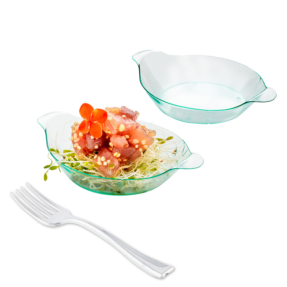 Mini Serve 100 Oval Seagreen 3.75" Plastic Mini Handled Plates and 100 Silver Plastic 4" Mini Forks