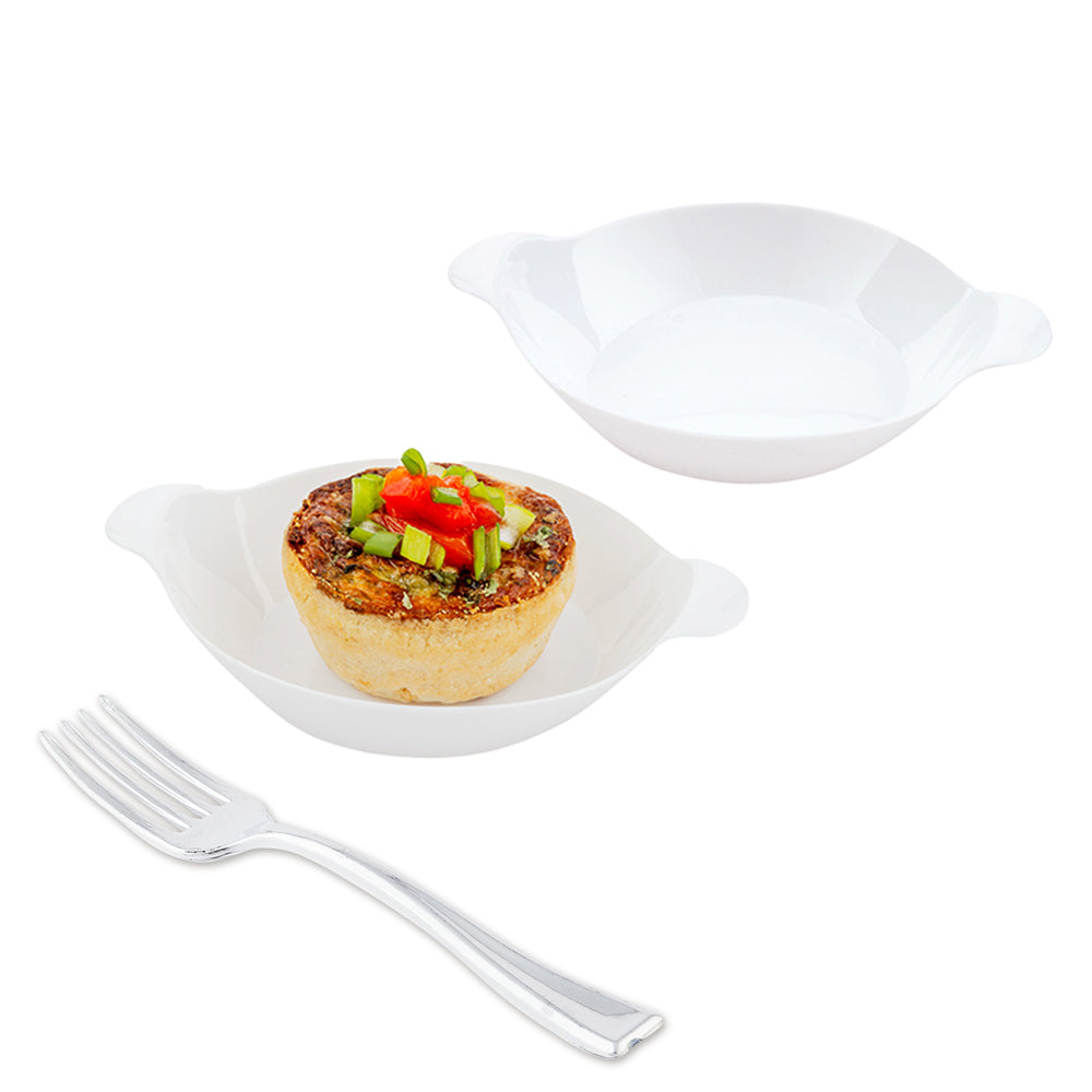 Mini Serve 100 Oval White 3.75" Plastic Mini Handled Plates and 100 Silver Plastic 4" Mini Forks