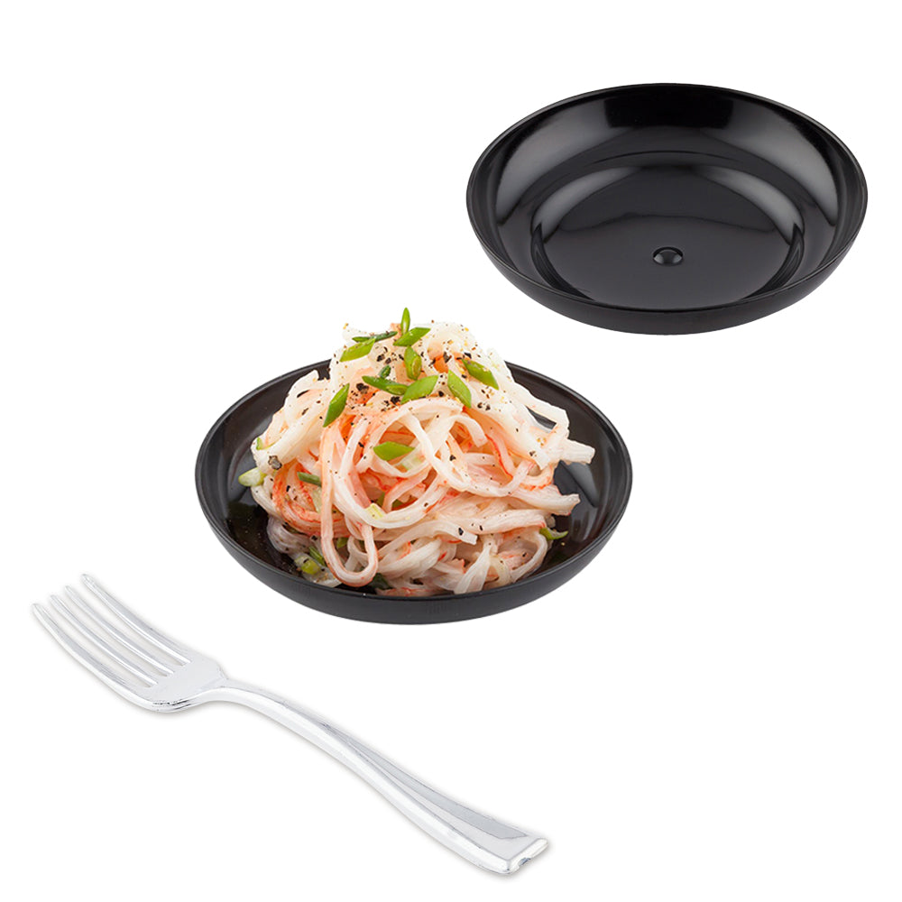 Mini Serve 100 Round Black 3.25" Plastic Mini Rotondo Plates and 100 Silver Plastic 4" Mini Forks