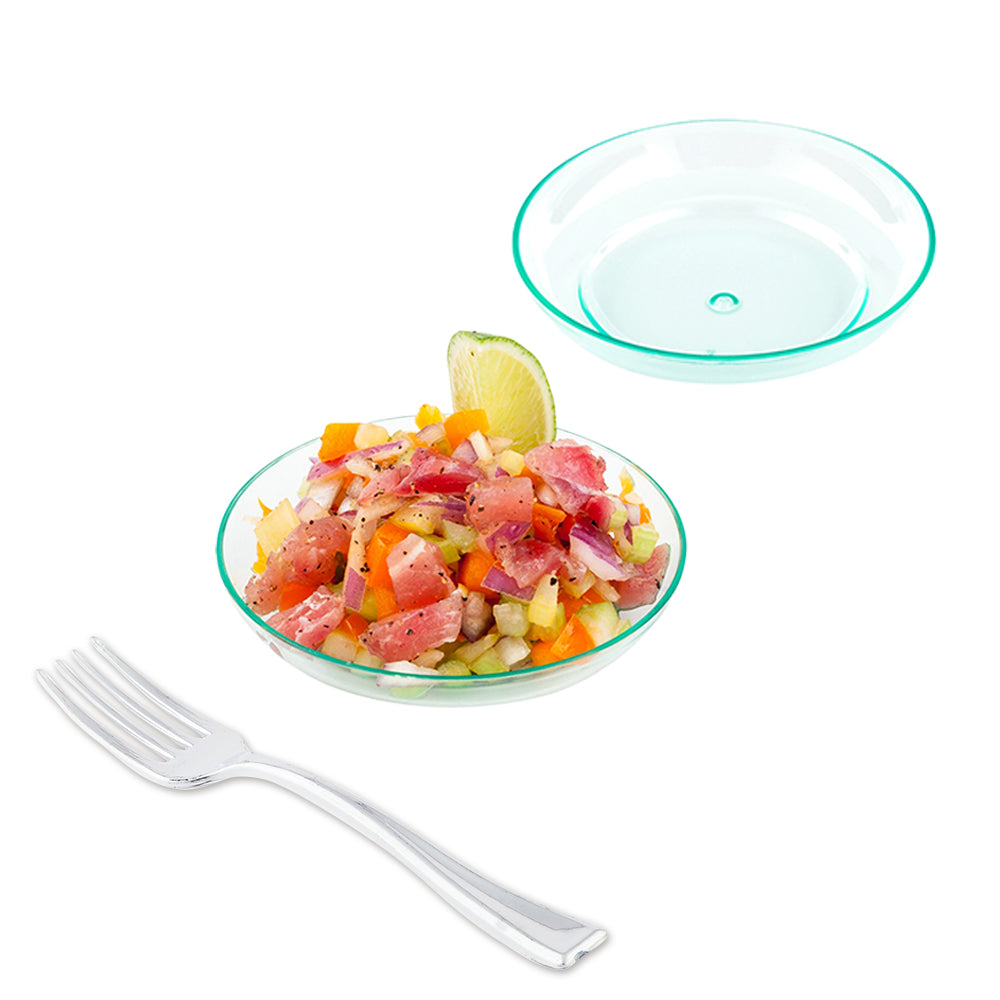 Mini Serve 100 Round Seagreen 3.25" Plastic Mini Rotondo Plates and 100 Silver Plastic 4" Mini Forks