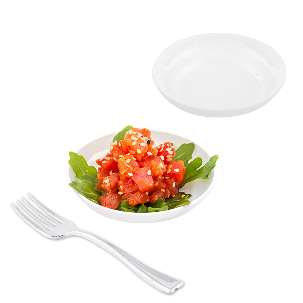 Mini Serve 100 Round White 3.25" Plastic Mini Rotondo Plates and 100 Silver Plastic 4" Mini Forks