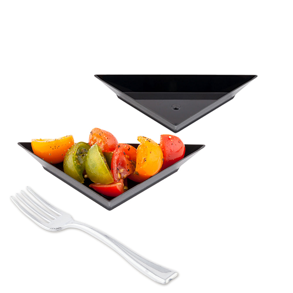 Mini Serve 100 Black Plastic 4" Mini Triangolo Appetizer Plates and 100 Silver Plastic 4" Mini Forks