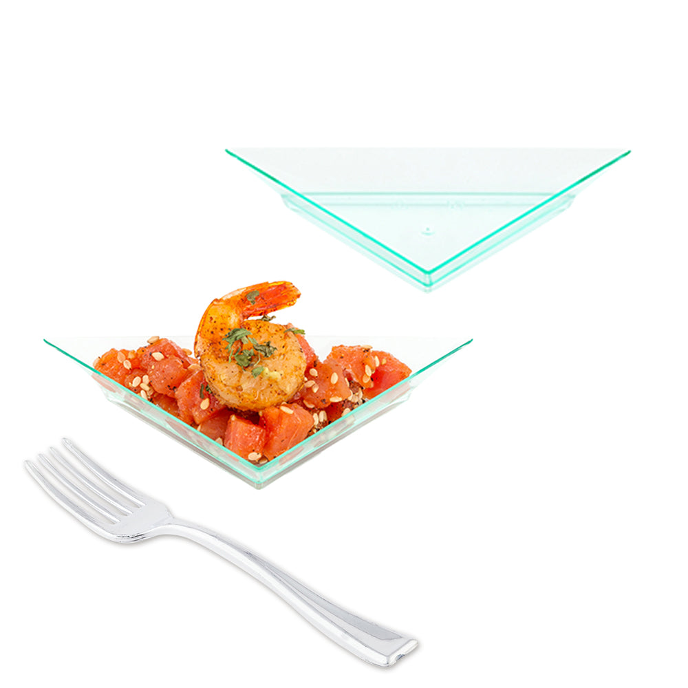 Mini Serve 100 Seagreen Plastic 4" Mini Triangolo Appetizer Plates and 100 Silver Plastic 4" Mini Forks