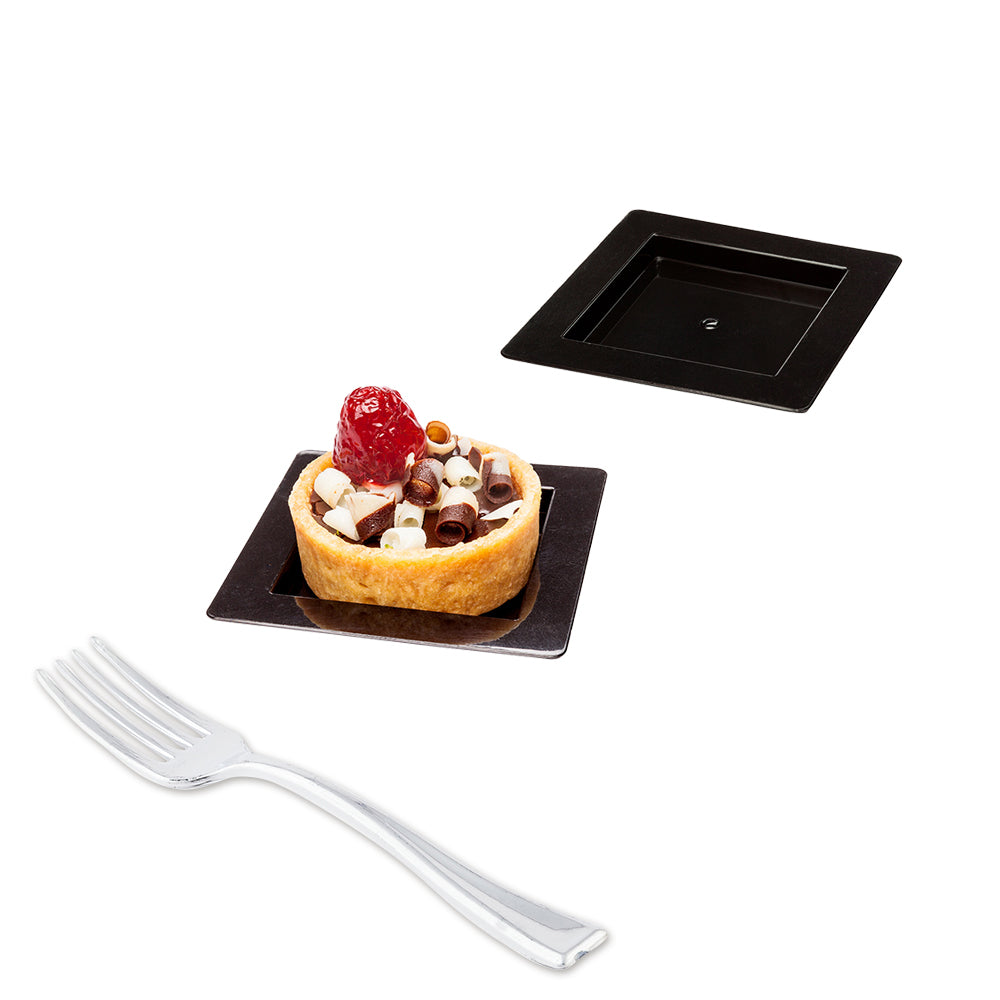 Mini Serve 100 Square Black 2.75" Plastic Mini Edge Plates and 100 Silver Plastic 4" Mini Forks