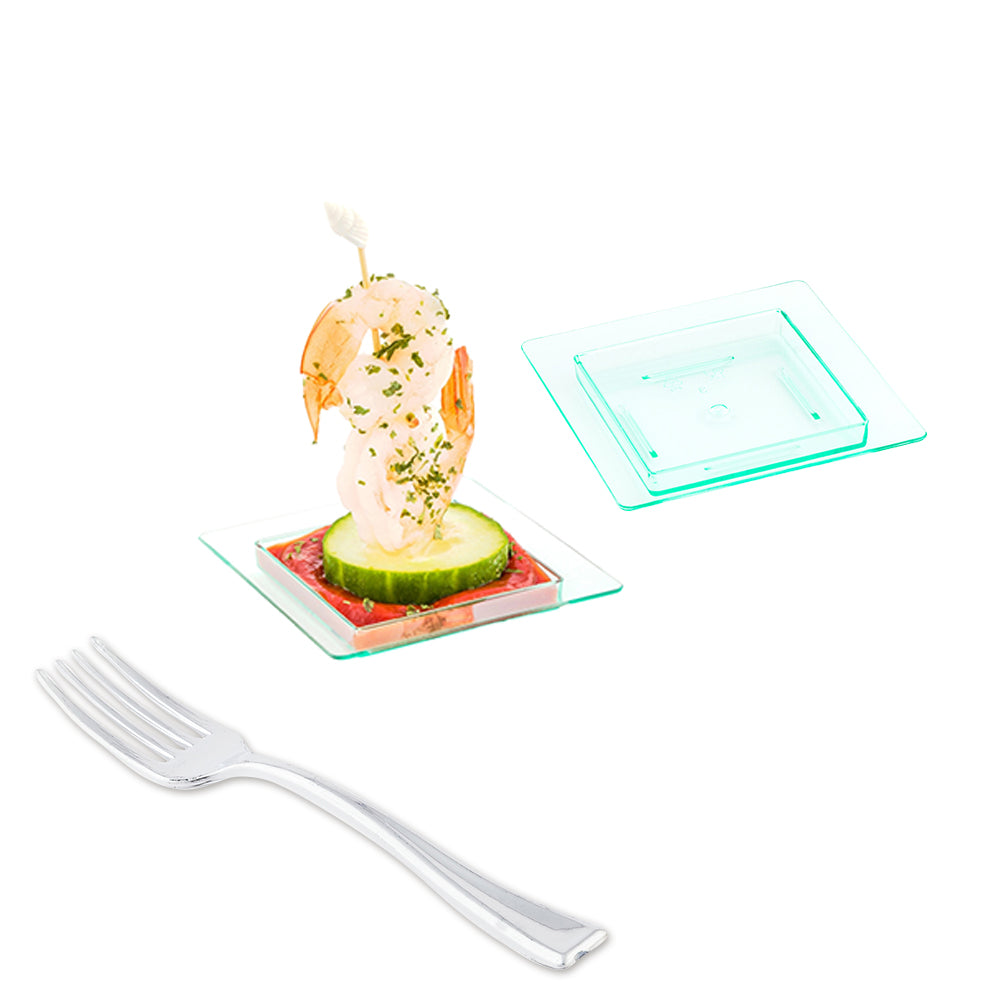 Mini Serve 100 Square Seagreen 2.75" Plastic Mini Edge Plates and 100 Silver Plastic 4" Mini Forks
