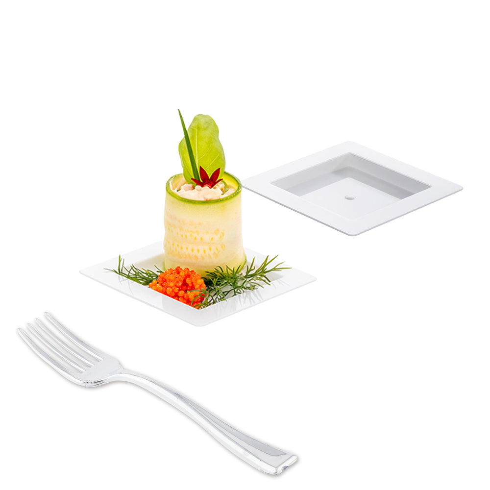 Mini Serve 100 Square White 2.75" Plastic Mini Edge Plates and 100 Silver Plastic 4" Mini Forks