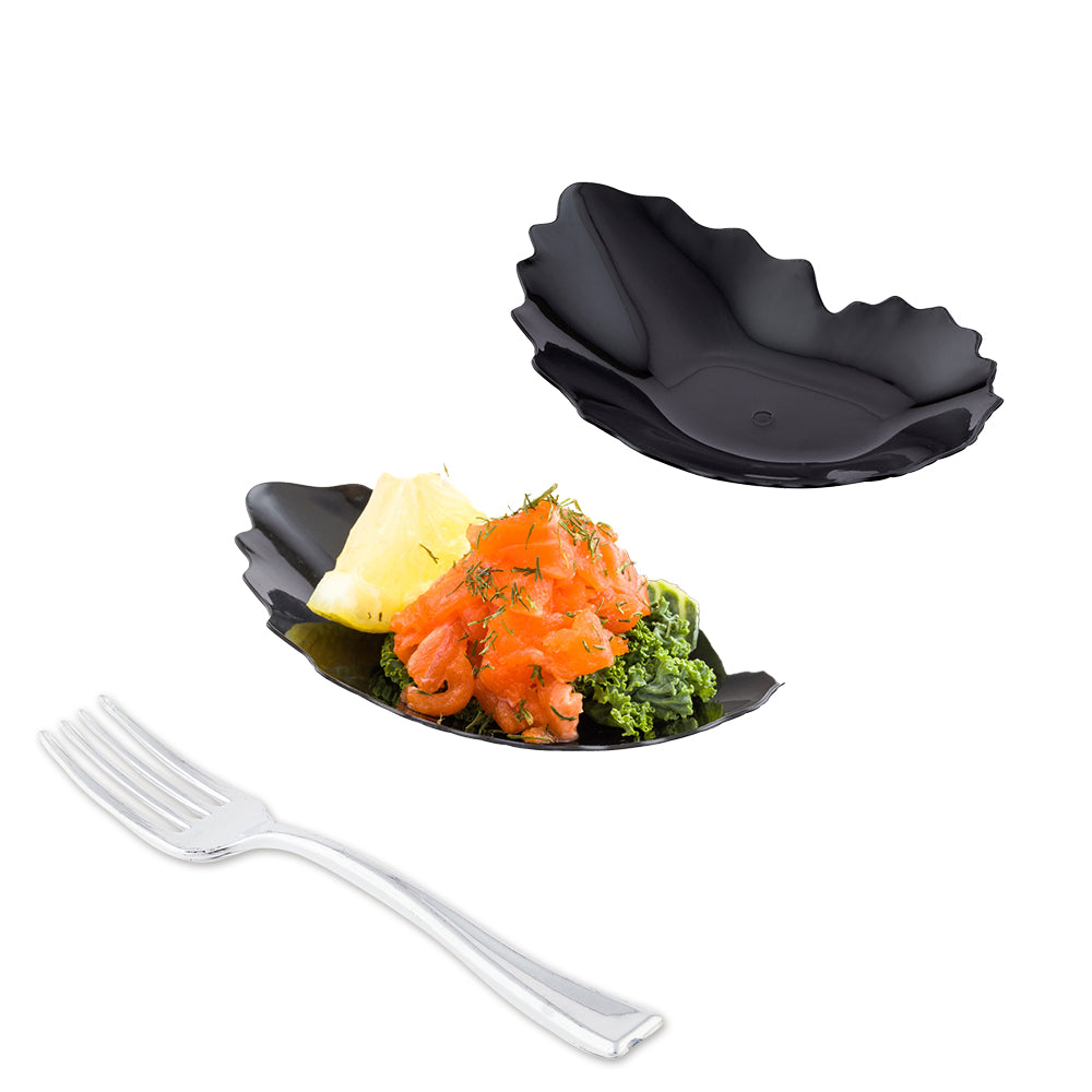 Mini Serve 100 Black Plastic 3.25" Mini Coquille Plates and 100 Silver Plastic 4" Mini Forks
