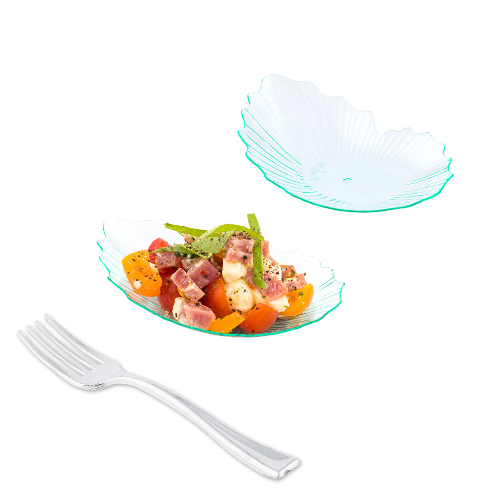 Mini Serve 100 Seagreen Plastic 3.25" Mini Coquille Plates and 100 Silver Plastic 4" Mini Forks