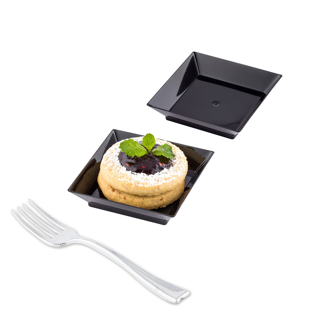 Mini Serve 100 Square Black 2.5" Plastic Mini Modern Plates and 100 Silver Plastic 4" Mini Forks
