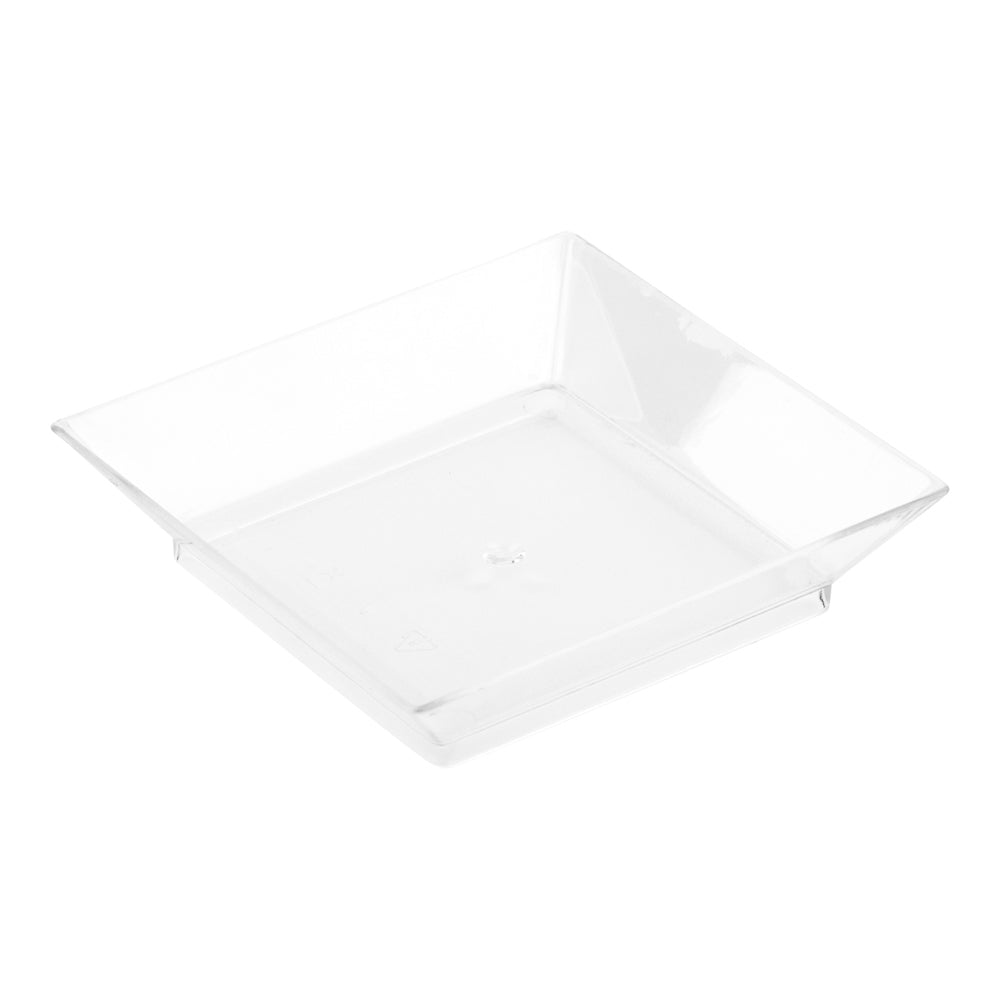 Mini Serve 100 Square Clear 2.5" Plastic Mini Modern Plates and 100 Silver Plastic 4" Mini Forks