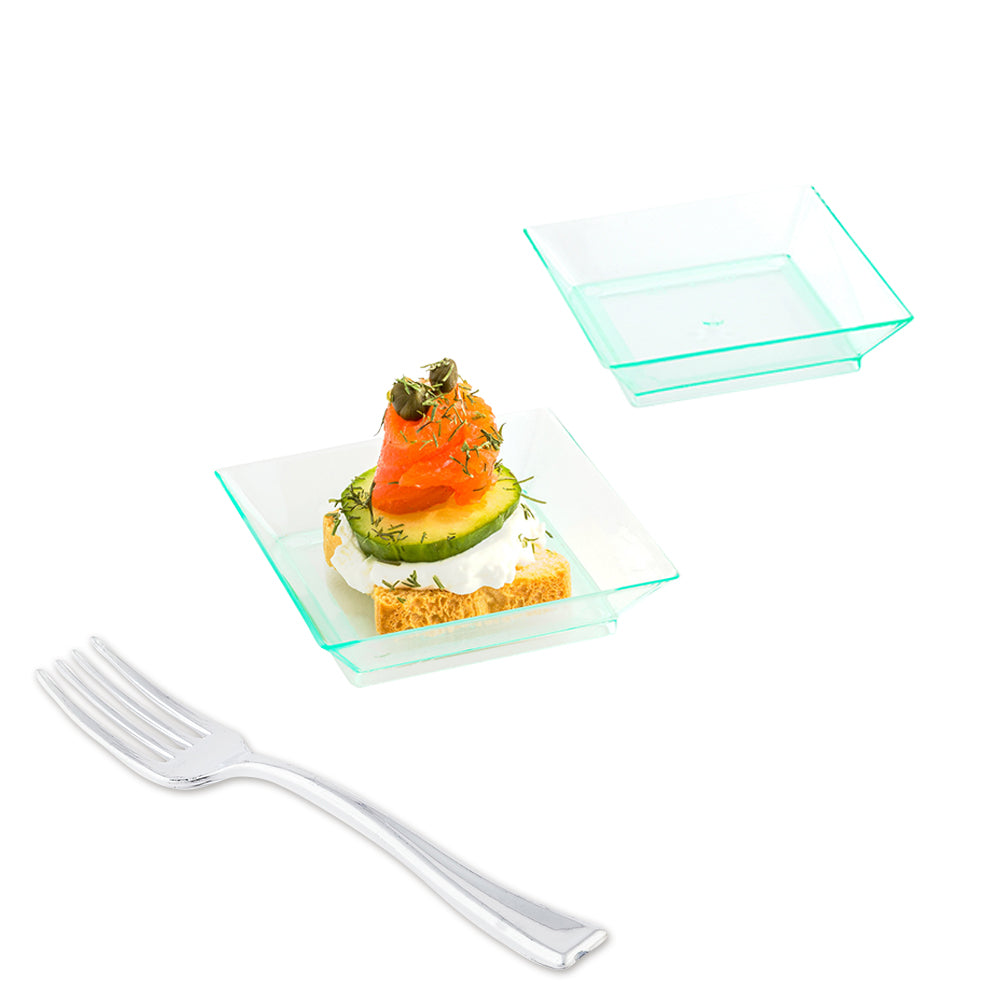 Mini Serve 100 Square Seagreen 2.5" Plastic Mini Modern Plates and 100 Silver Plastic 4" Mini Forks
