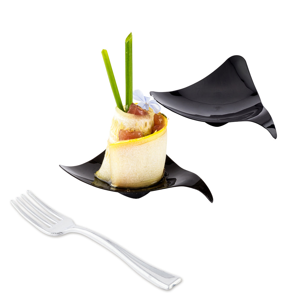Mini Serve 100 Triangle Black 3" Plastic Shooting Star Appetizer Plates and 100 Silver Plastic 4" Mini Forks