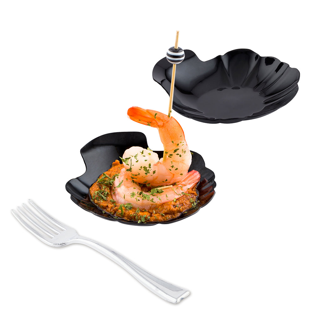 Mini Serve 100 Black Plastic 3.25" Shell Plates and 100 Silver Plastic 4" Mini Forks