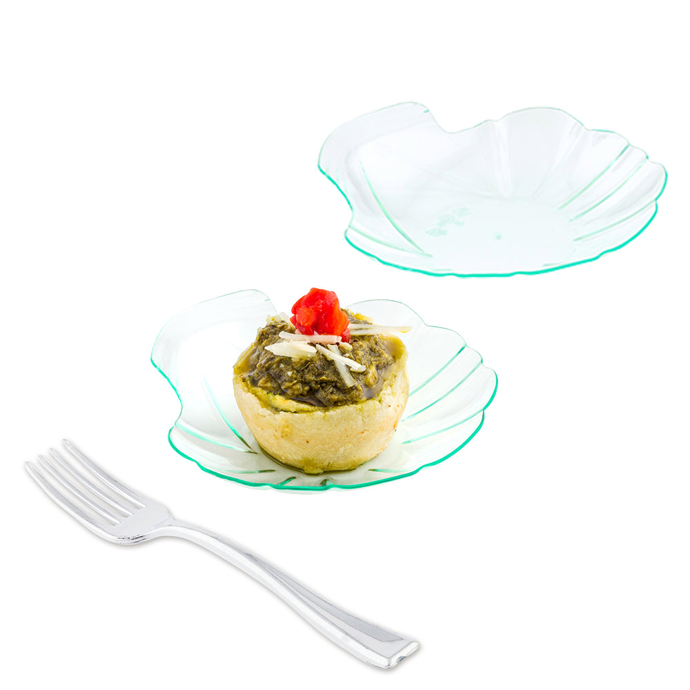 Mini Serve 100 Seagreen Plastic 3.25" Shell Plates and 100 Silver Plastic 4" Mini Forks