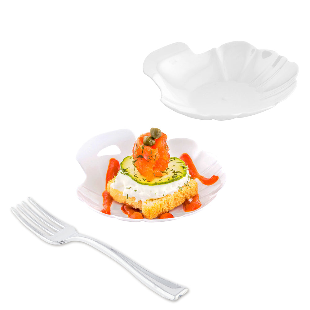 Mini Serve 100 White Plastic 3.25" Shell Plates and 100 Silver Plastic 4" Mini Forks