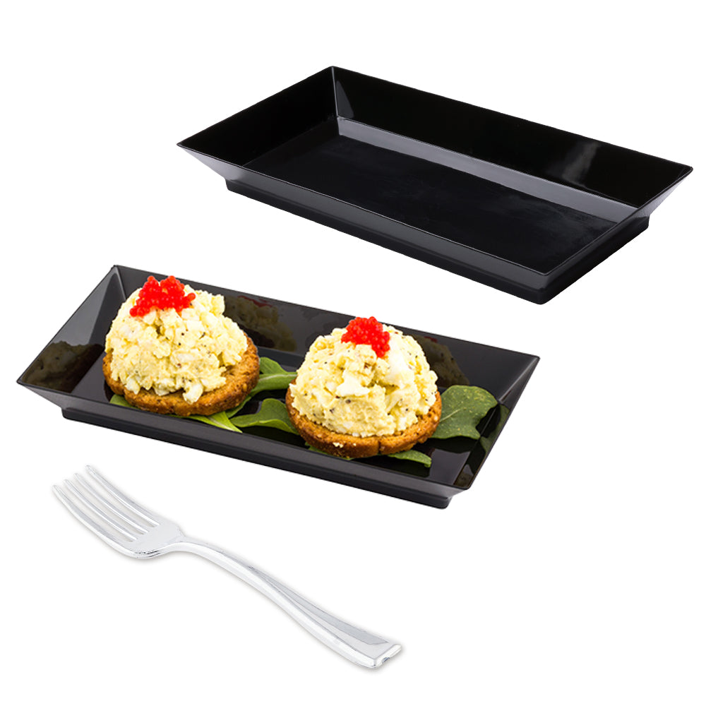 Mini Serve 100 Rectangle Black 5" Plastic Plates and 100 Silver Plastic 4" Mini Forks