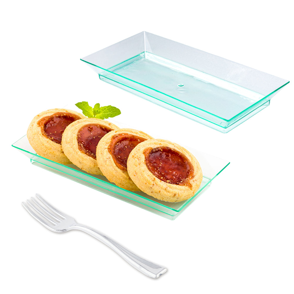 Mini Serve 100 Rectangle Seagreen 5" Plastic Plates and 100 Silver Plastic 4" Mini Forks