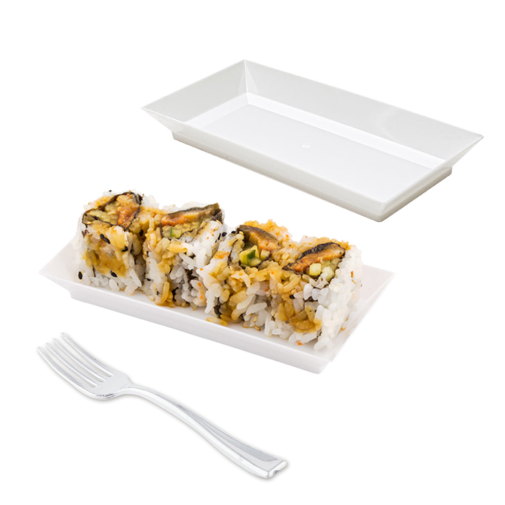 Mini Serve 100 Rectangle White 5" Plastic Plates and 100 Silver Plastic 4" Mini Forks