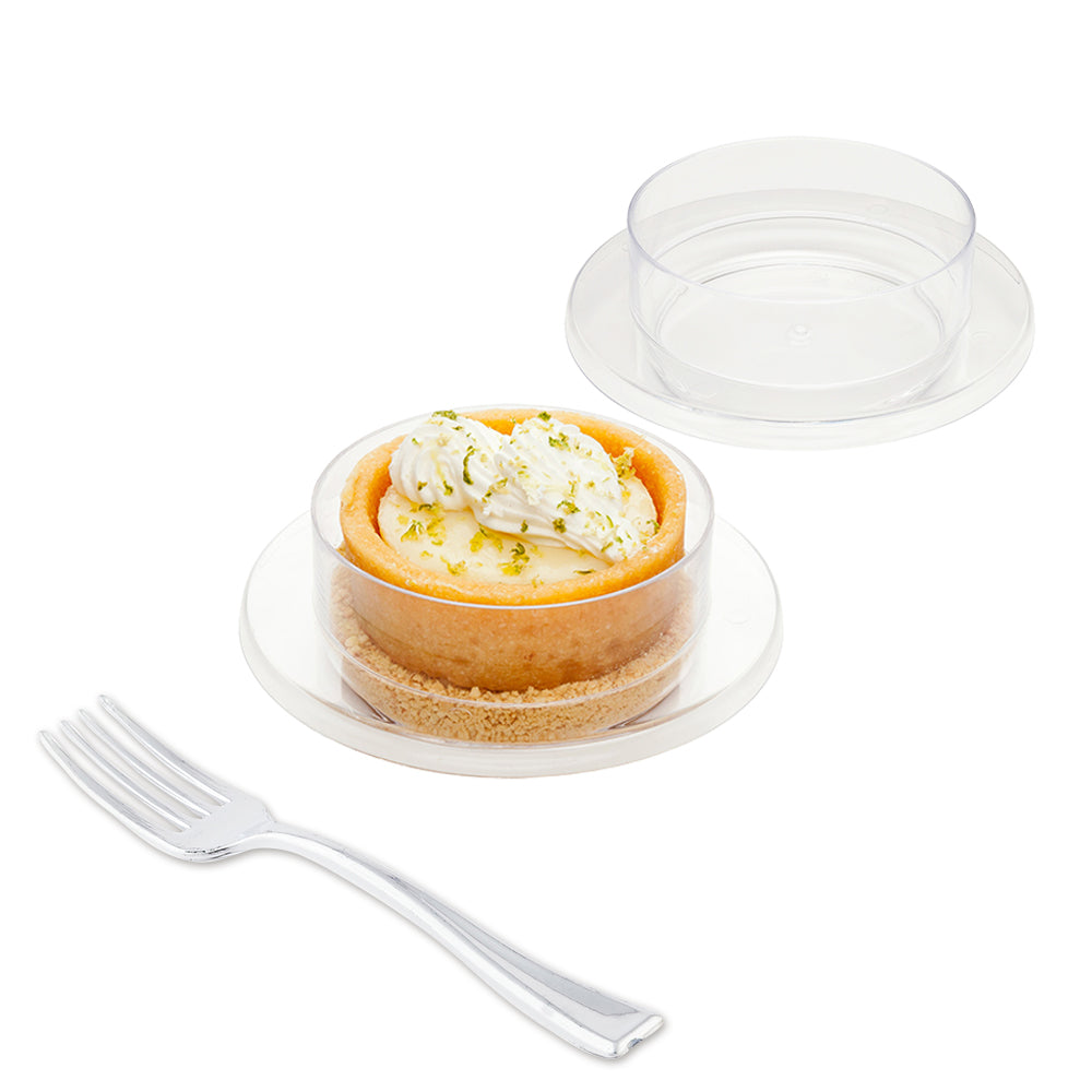 Mini Serve 100 3 oz Round Clear Plastic Gastronomique Petri Dish and 100 Silver Plastic 4" Mini Forks
