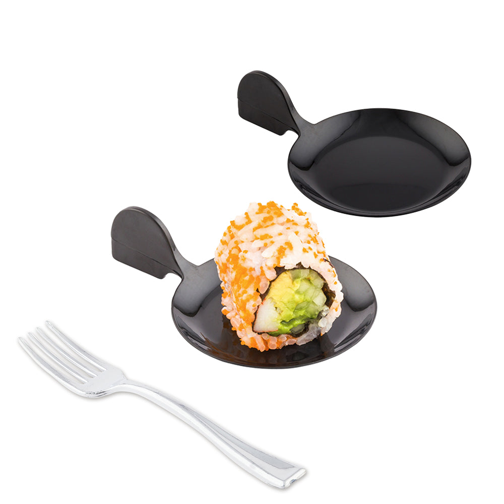 Mini Serve 100 Fish Black 3.7" Plastic Tasting Plates and 100 Silver Plastic 4" Mini Forks