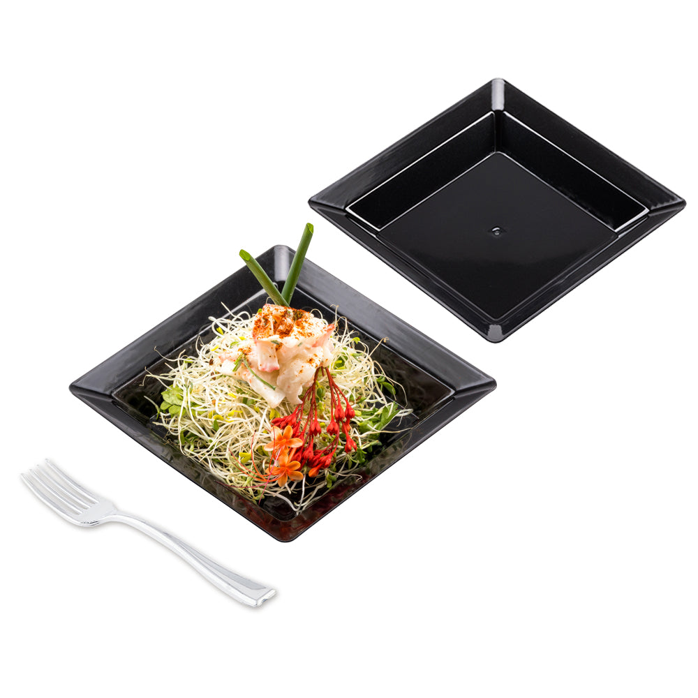 Mini Serve 100 Square Black 4.25" Plastic Plates and 100 Silver Plastic 4" Mini Forks