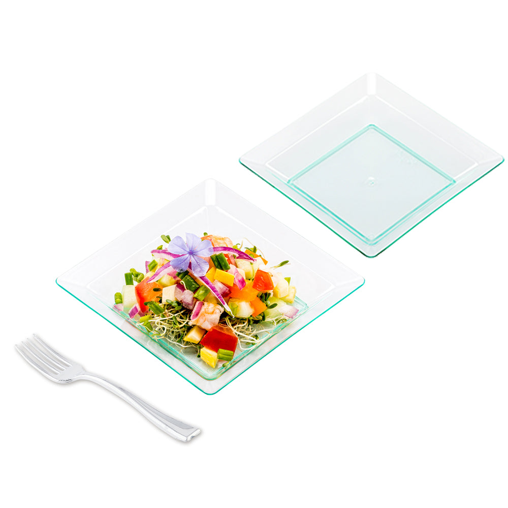 Mini Serve 100 Square Seagreen 4.25" Plastic Plates and 100 Silver Plastic 4" Mini Forks