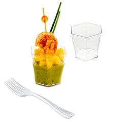 Mini Serve 100 2 oz Hexagon Clear Plastic Glass and 100 Silver Plastic 4