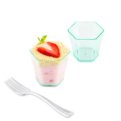 Mini Serve 100 2 oz Hexagon Seagreen Plastic Glass and 100 Silver Plastic 4
