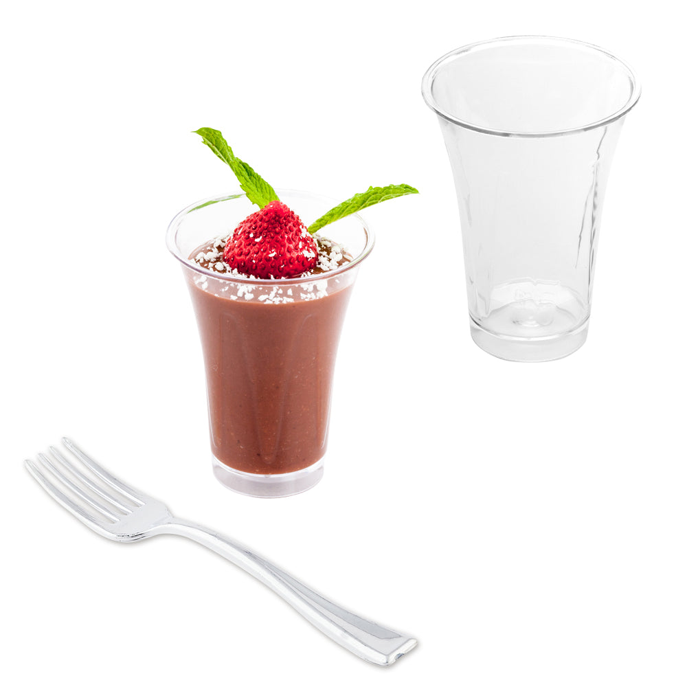 Mini Serve 100 2 oz Round Clear Plastic Mini Trumpet Cups and 100 Silver Plastic 4" Mini Forks