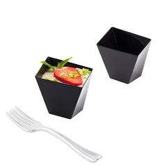Mini Serve 100 2 oz Square Black Plastic Girata Dessert Dish and 100 Silver Plastic 4