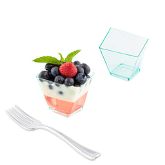 Mini Serve 100 2 oz Square Seagreen Plastic Girata Dessert Dish and 100 Silver Plastic 4