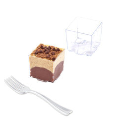 Mini Serve 100 3 oz Square Clear Plastic Quadrato Cups and 100 Silver Plastic 4