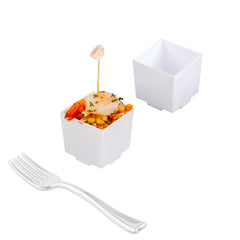 Mini Serve 100 3 oz Square White Plastic Quadrato Cups and 100 Silver Plastic 4
