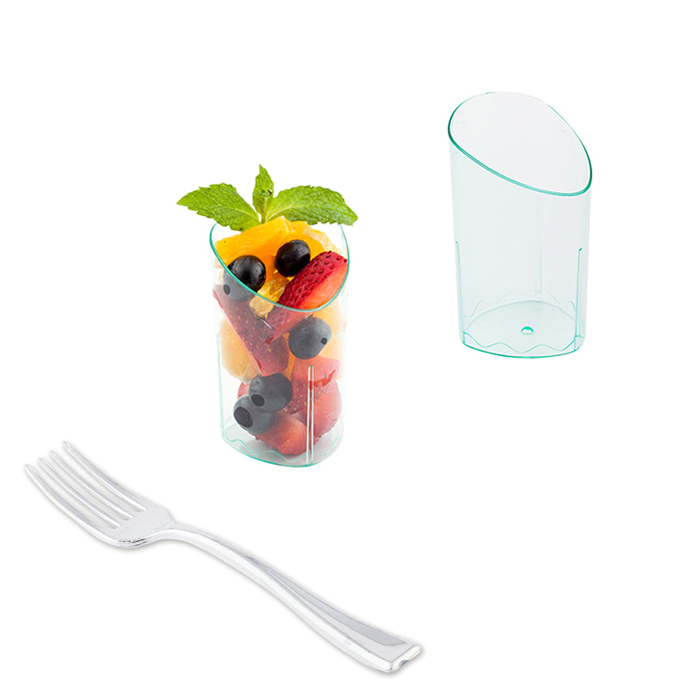 Mini Serve 100 3 oz Seagreen Plastic Triangolo Shot Glass and 100 Silver Plastic 4" Mini Forks