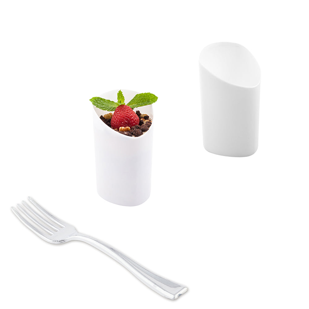 Mini Serve 100 3 oz White Plastic Triangolo Shot Glass and 100 Silver Plastic 4" Mini Forks