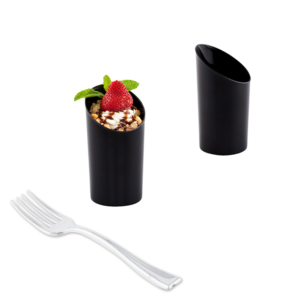 Mini Serve 100 3 oz Round Incline Shot Glass and 100 Silver Plastic 4" Mini Forks