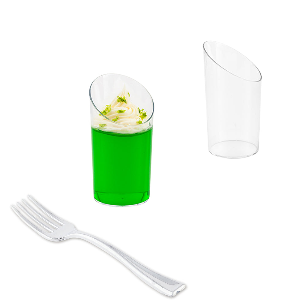 Mini Serve 100 3 oz Round Clear Plastic Incline Shot Glass and 100 Silver Plastic 4" Mini Forks