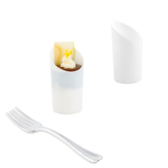 Mini Serve 100 3 oz Round White Plastic Incline Shot Glass and 100 Silver Plastic 4