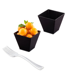 Mini Serve 100 2 oz Square Black Plastic Mini Kova Cups and 100 Silver Plastic 4