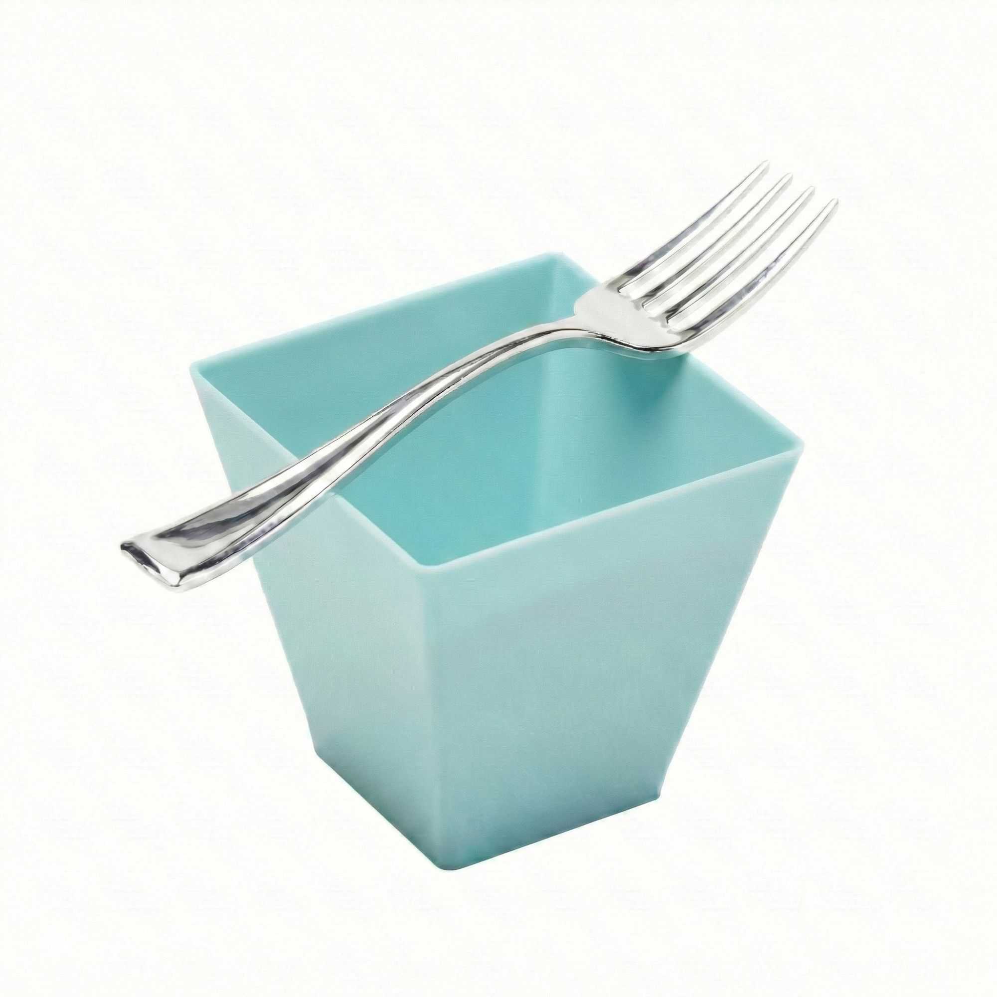 Mini Serve 100 2 oz Square Baby Blue Plastic Mini Kova Cups and 100 Silver Plastic 4" Mini Forks